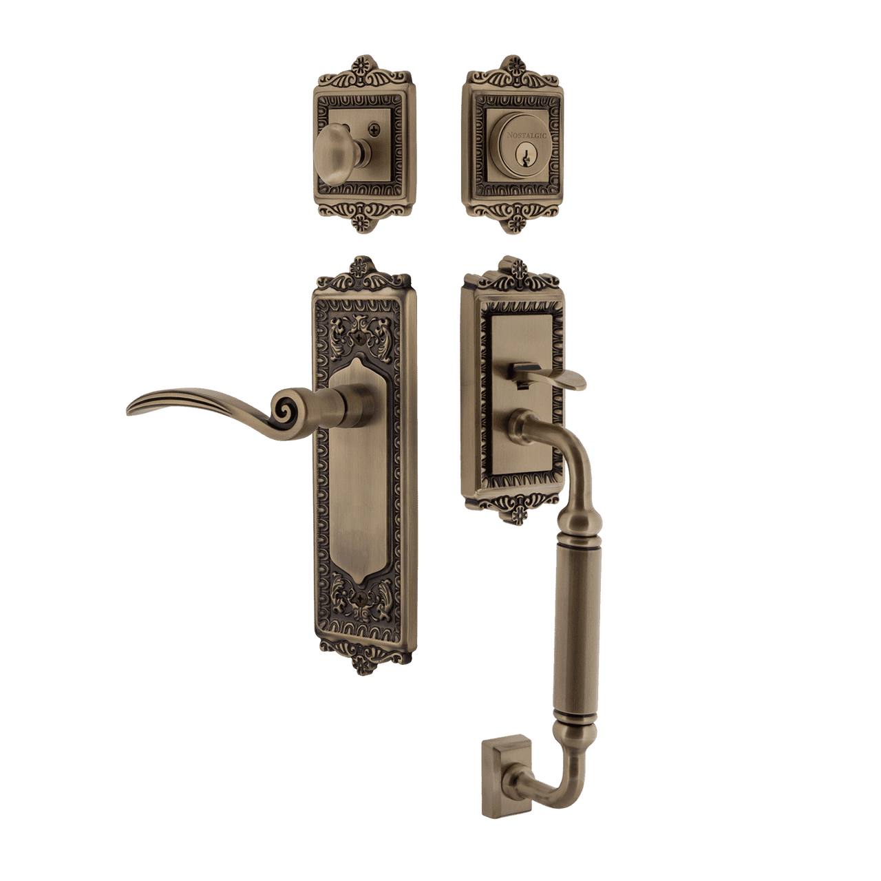 Nostalgic 770328: Entry Lockset w/Egg & Dart Backplate, C-Grip Exterior Handle and Swan Interior Lever - Antique Brass