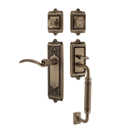 Nostalgic 770328: Entry Lockset w/Egg & Dart Backplate, C-Grip Exterior Handle and Swan Interior Lever - Antique Brass