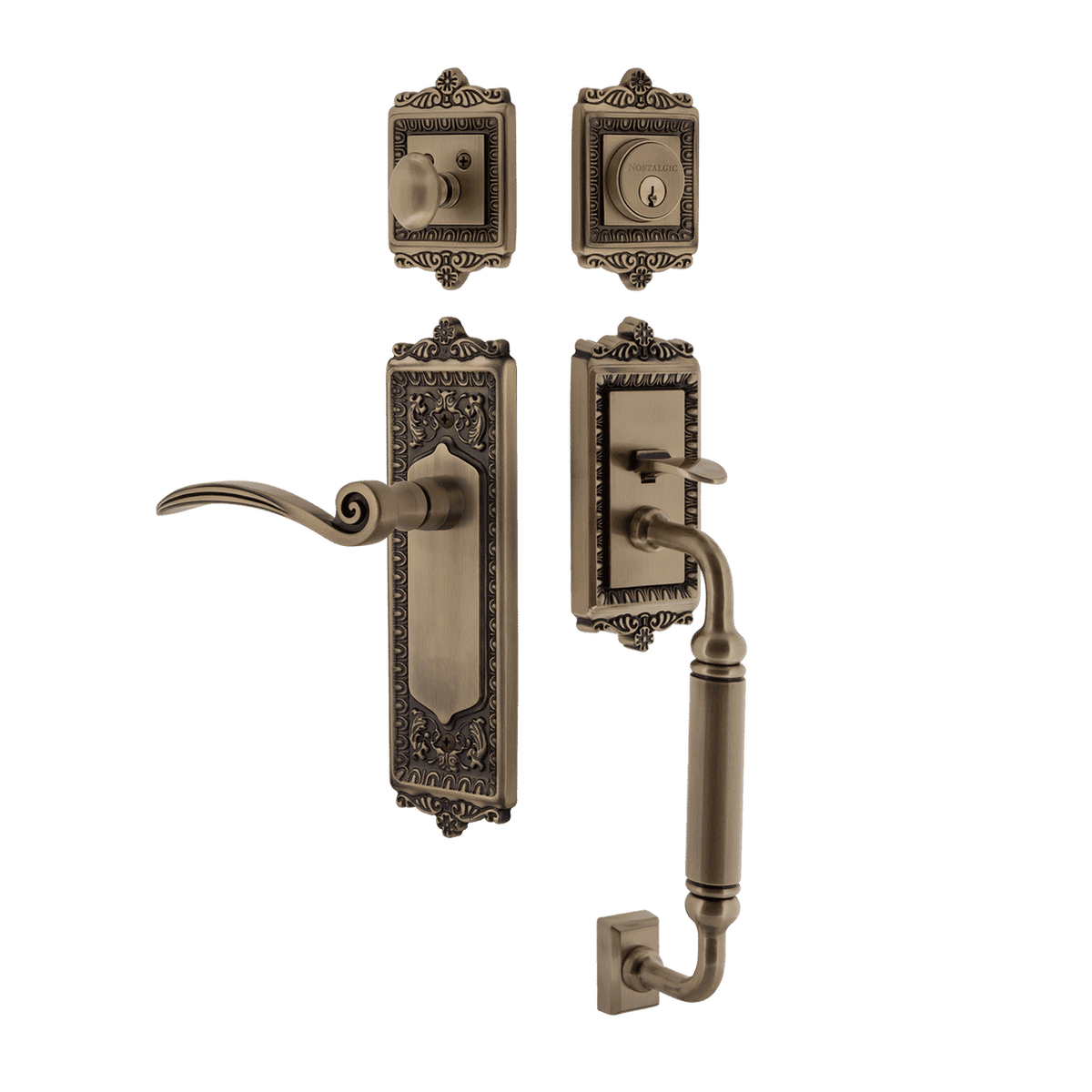 Nostalgic 768112: Entry Lockset w/Egg & Dart Backplate, C-Grip Exterior Handle and Swan Interior Lever - Antique Brass