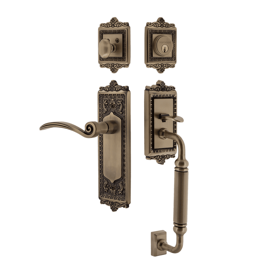 Nostalgic 770324: Entry Lockset w/Egg & Dart Backplate, C-Grip Exterior Handle and Swan Interior Lever - Antique Brass