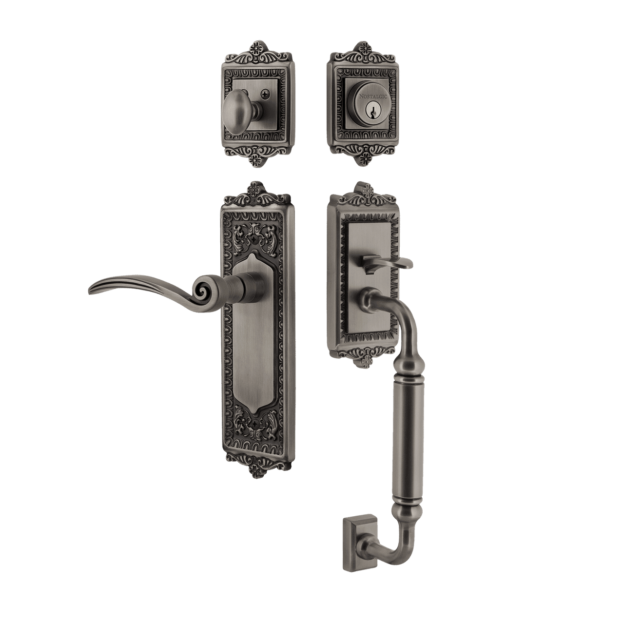 Nostalgic 768107: Entry Lockset w/Egg & Dart Backplate, C-Grip Exterior Handle and Swan Interior Lever - Antique Pewter