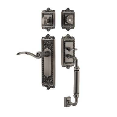 Nostalgic 770320: Entry Lockset w/Egg & Dart Backplate, C-Grip Exterior Handle and Swan Interior Lever - Antique Pewter