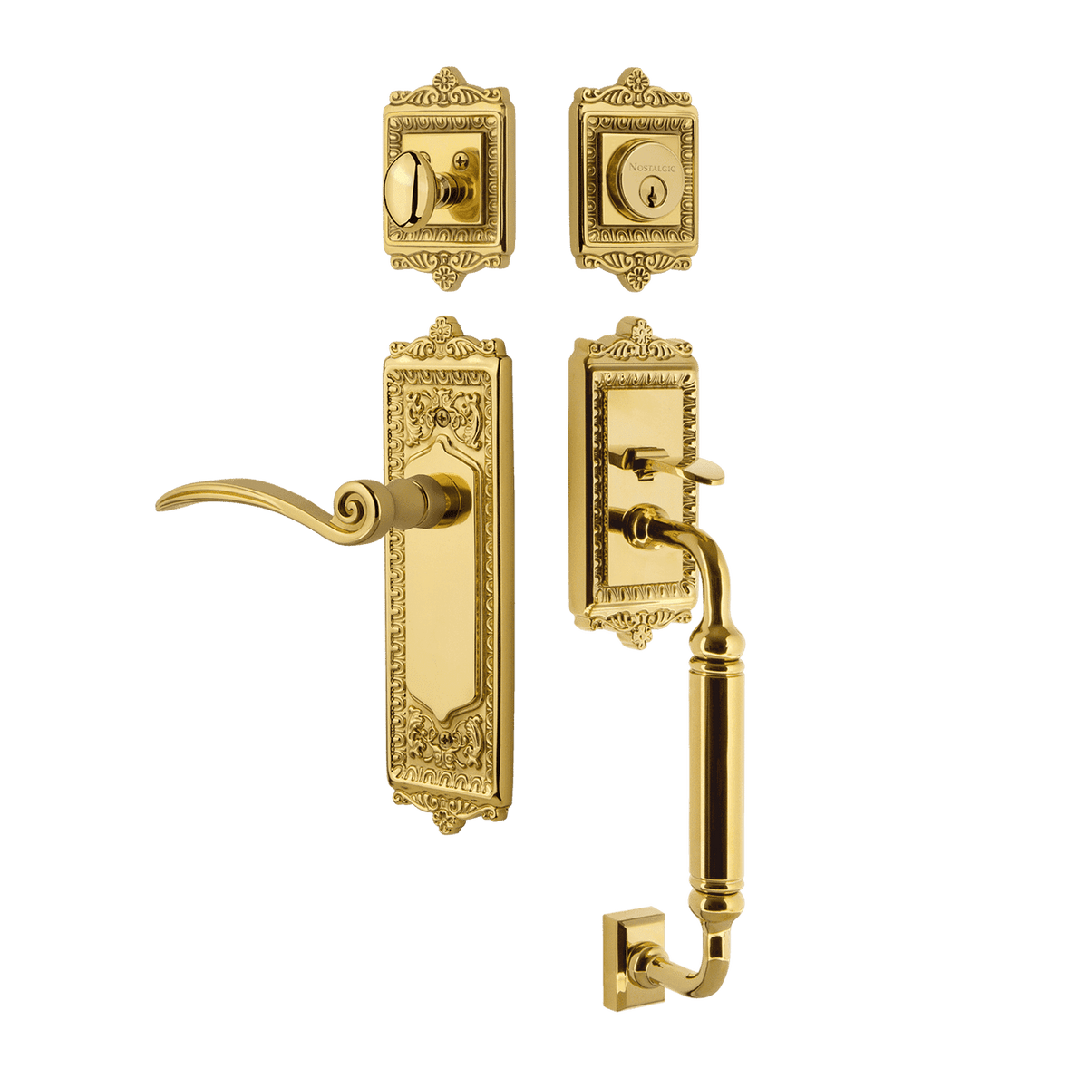 Nostalgic 770327: Entry Lockset w/Egg & Dart Backplate, C-Grip Exterior Handle and Swan Interior Lever - Polished Brass