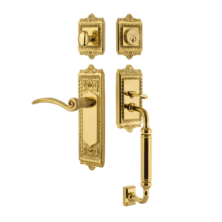 Nostalgic 768113: Entry Lockset w/Egg & Dart Backplate, C-Grip Exterior Handle and Swan Interior Lever - Polished Brass