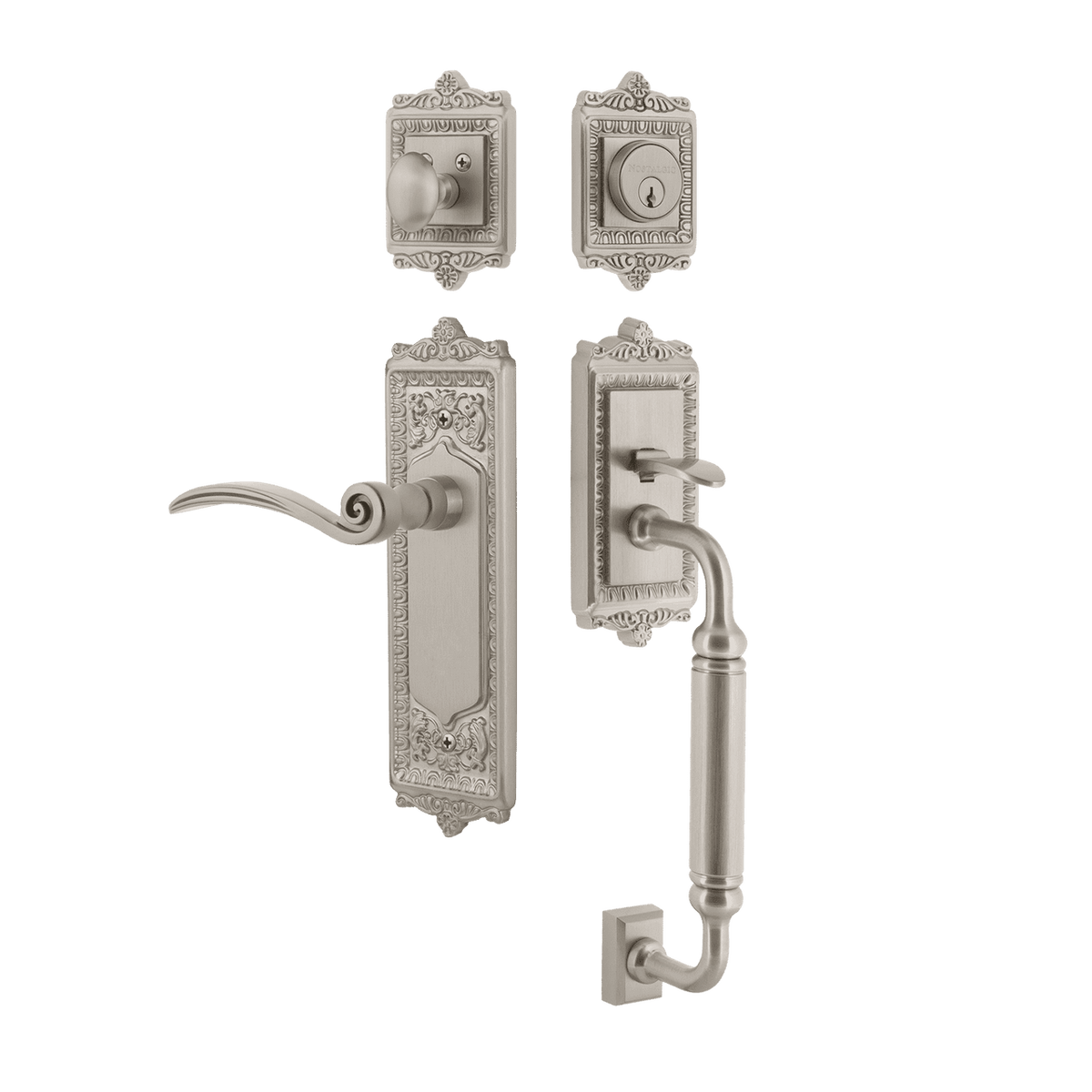 Nostalgic 768110: Entry Lockset w/Egg & Dart Backplate, C-Grip Exterior Handle and Swan Interior Lever - Satin Nickel