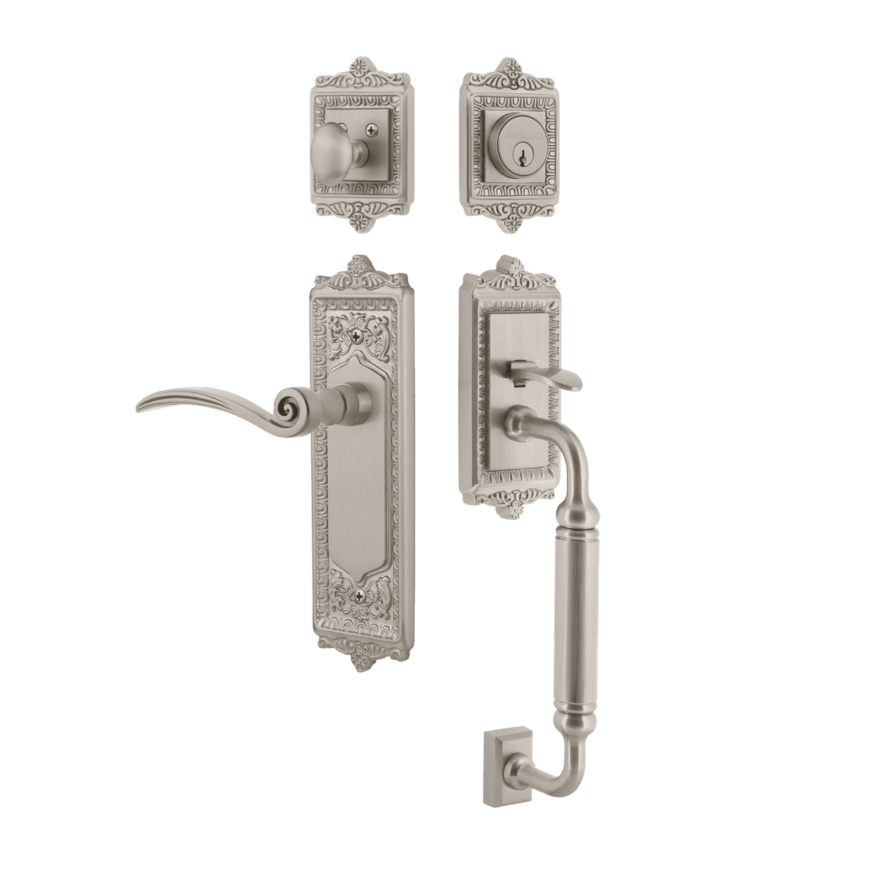 Nostalgic 768115: Entry Lockset w/Egg & Dart Backplate, C-Grip Exterior Handle and Swan Interior Lever - Satin Nickel