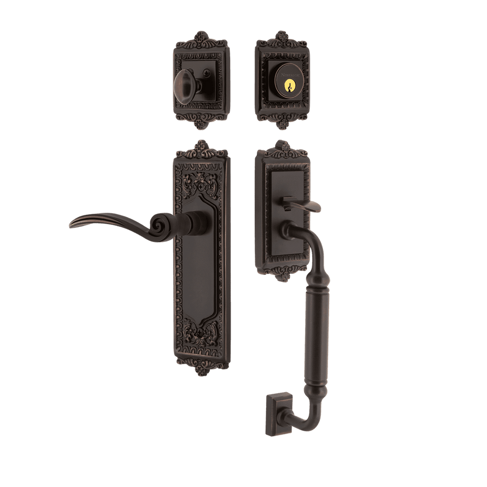 Nostalgic 770332: Entry Lockset w/Egg & Dart Backplate, C-Grip Exterior Handle and Swan Interior Lever - Timeless Bronze