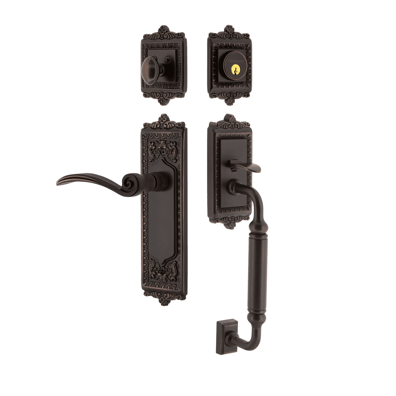 Nostalgic 770321: Entry Lockset w/Egg & Dart Backplate, C-Grip Exterior Handle and Swan Interior Lever - Timeless Bronze