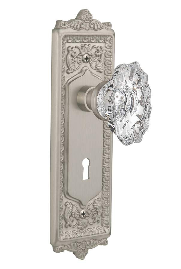 Nostalgic 713680: Egg & Dart Backplate w/Chateau Knob Passage Door Set - Satin Nickel