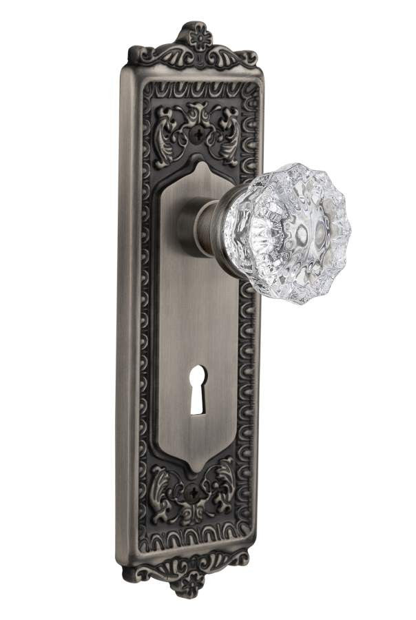 Nostalgic 704168: Egg & Dart Backplate w/Clear Crystal Glass Knob Privacy Door Set - Antique Pewter