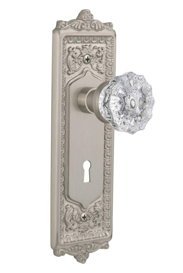 Nostalgic 701935: Egg & Dart Backplate w/Clear Crystal Glass Knob Passage Door Set - Satin Nickel