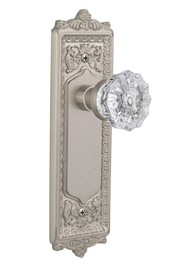 Nostalgic 701944: Egg & Dart Backplate w/Clear Crystal Glass Knob Privacy Door Set - Satin Nickel