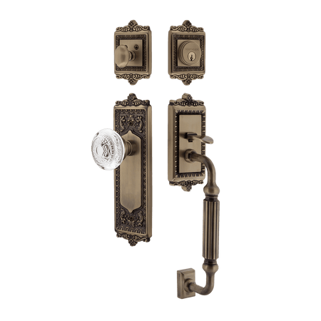 Nostalgic 755552: Entry Lockset w/Egg & Dart Backplate, F-Grip Exterior Handle and Egg & Dart Crystal Knob - Antique Brass