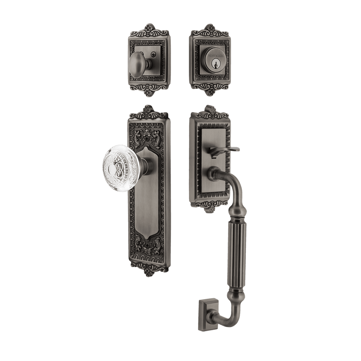 Nostalgic 755565: Entry Lockset w/Egg & Dart Backplate, F-Grip Exterior Handle and Egg & Dart Crystal Knob - Antique Pewter