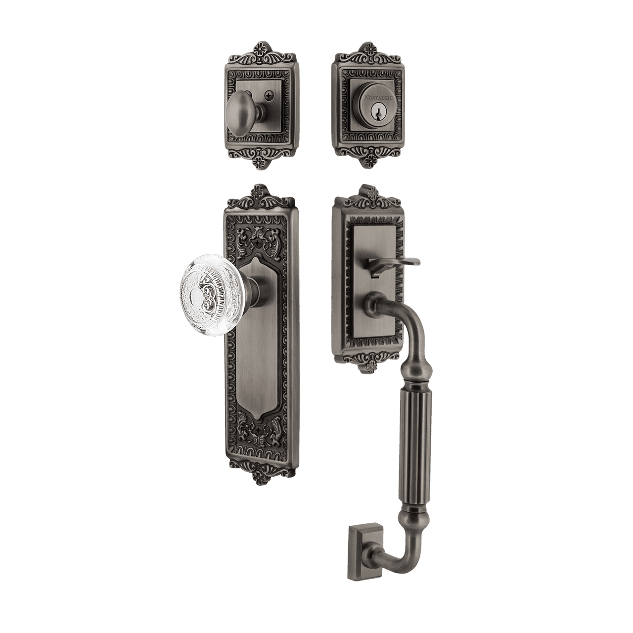 Nostalgic 755564: Entry Lockset w/Egg & Dart Backplate, F-Grip Exterior Handle and Egg & Dart Crystal Knob - Antique Pewter