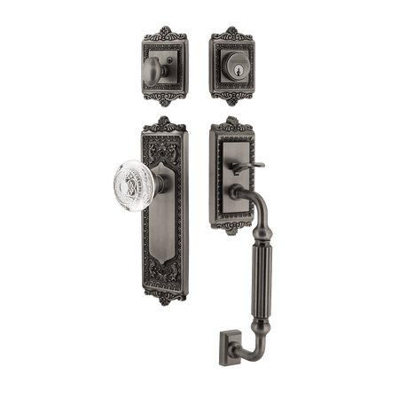 Nostalgic 755564: Entry Lockset w/Egg & Dart Backplate, F-Grip Exterior Handle and Egg & Dart Crystal Knob - Antique Pewter