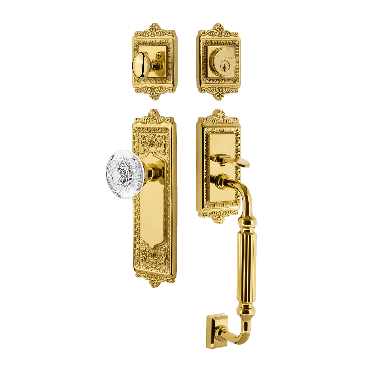 Nostalgic 755577: Entry Lockset w/Egg & Dart Backplate, F-Grip Exterior Handle and Egg & Dart Crystal Knob - Polished Brass