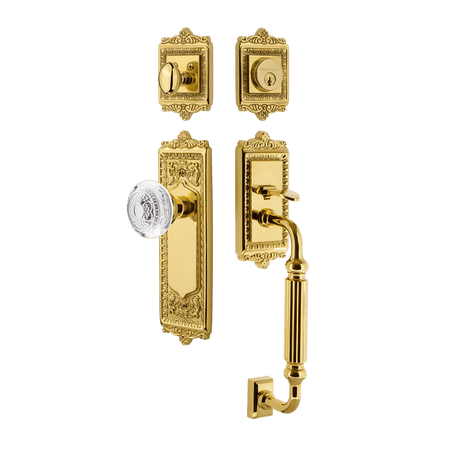 Nostalgic 755577: Entry Lockset w/Egg & Dart Backplate, F-Grip Exterior Handle and Egg & Dart Crystal Knob - Polished Brass