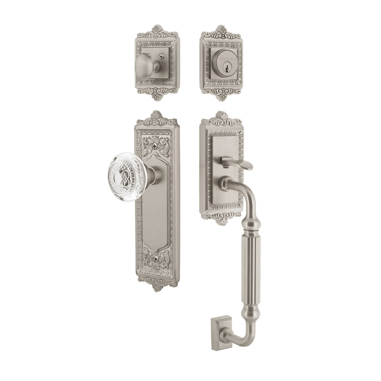 Nostalgic 755588: Entry Lockset w/Egg & Dart Backplate, F-Grip Exterior Handle and Egg & Dart Crystal Knob - Satin Nickel