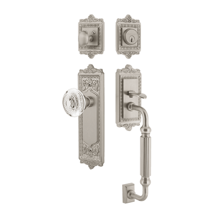 Nostalgic 755589: Entry Lockset w/Egg & Dart Backplate, F-Grip Exterior Handle and Egg & Dart Crystal Knob - Satin Nickel