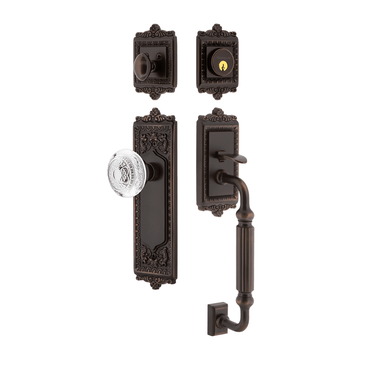 Nostalgic 755600: Entry Lockset w/Egg & Dart Backplate, F-Grip Exterior Handle and Egg & Dart Crystal Knob - Timeless Bronze