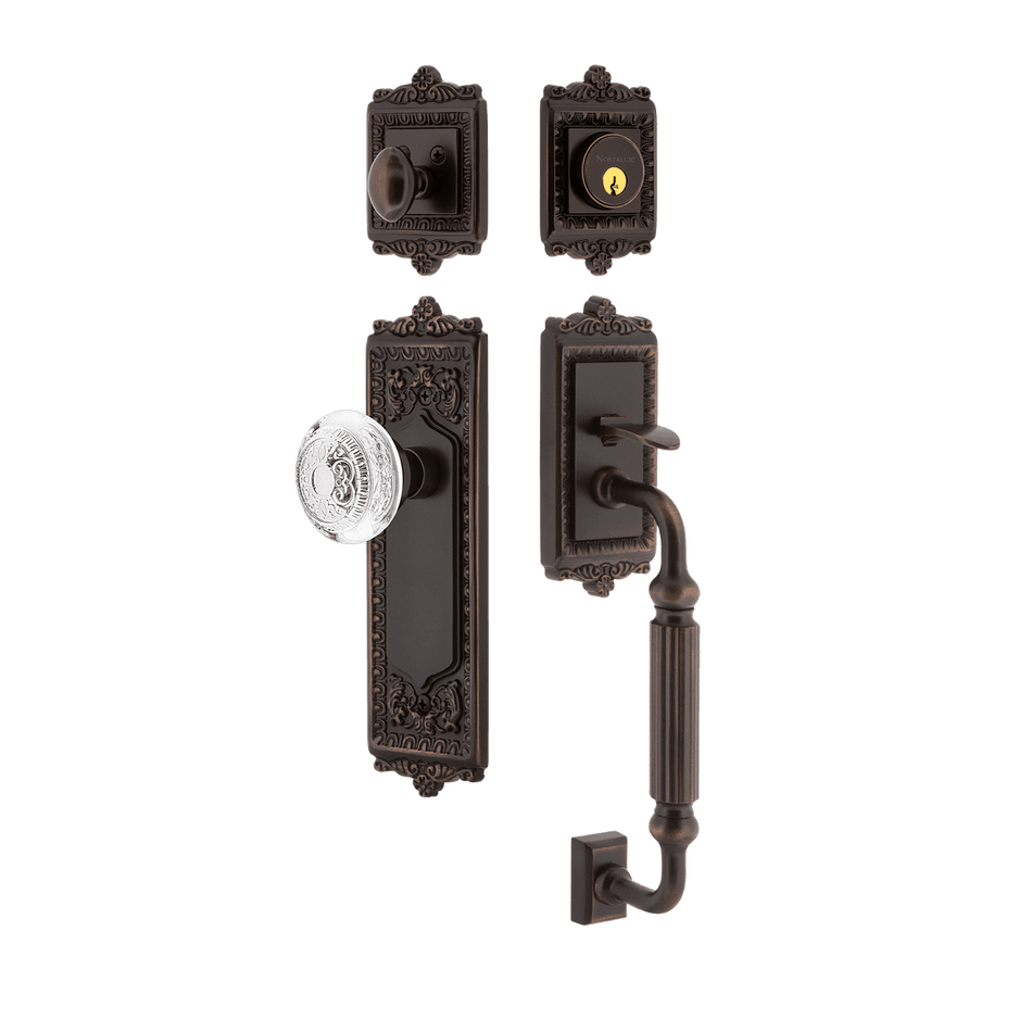 Nostalgic 755601: Entry Lockset w/Egg & Dart Backplate, F-Grip Exterior Handle and Egg & Dart Crystal Knob - Timeless Bronze