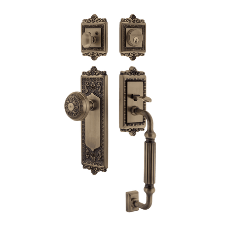 Nostalgic 719441: Entry Lockset w/Egg & Dart Backplate, F-Grip Exterior Handle and Egg & Dart Knob - Antique Brass