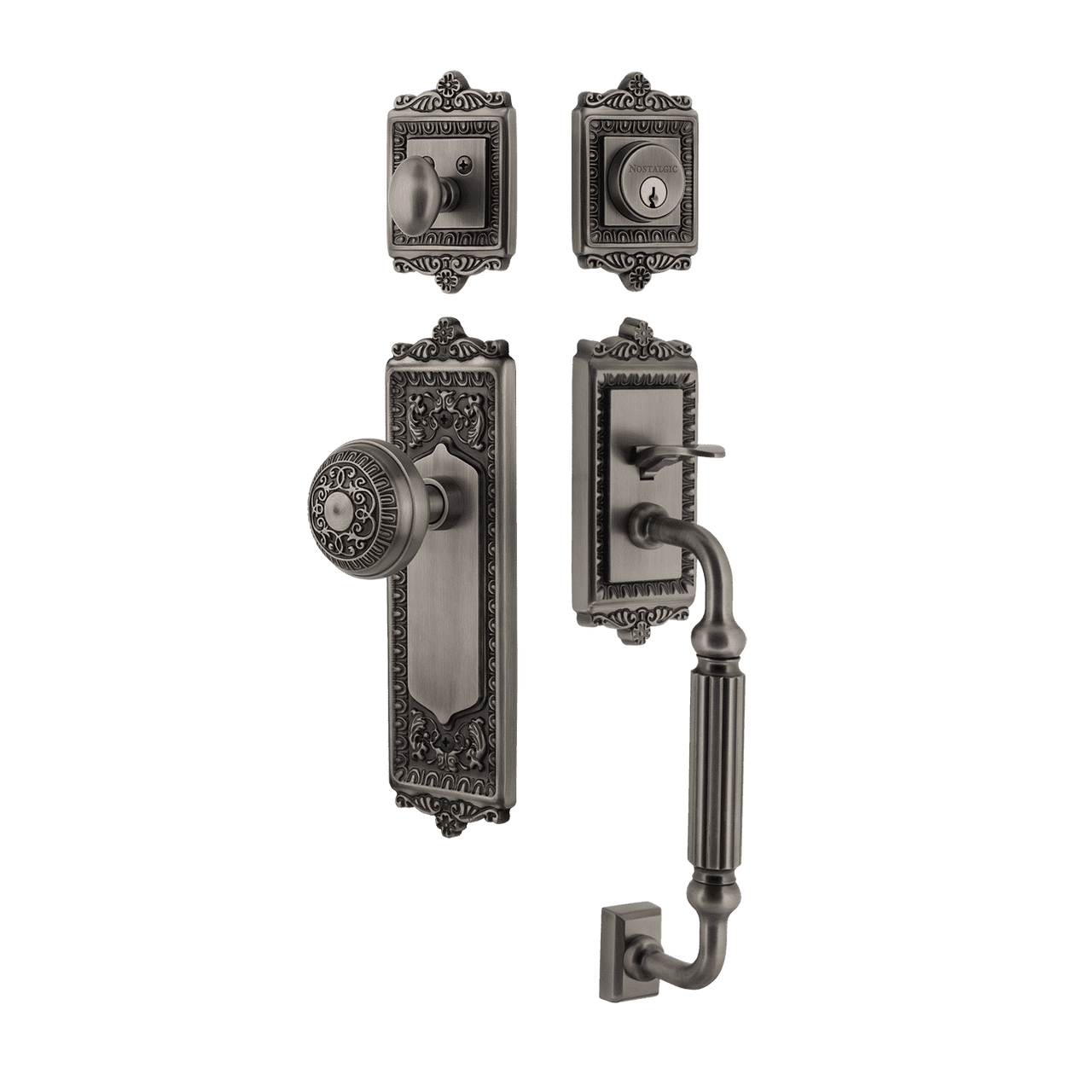 Nostalgic 719453: Entry Lockset w/Egg & Dart Backplate, F-Grip Exterior Handle and Egg & Dart Knob - Antique Pewter