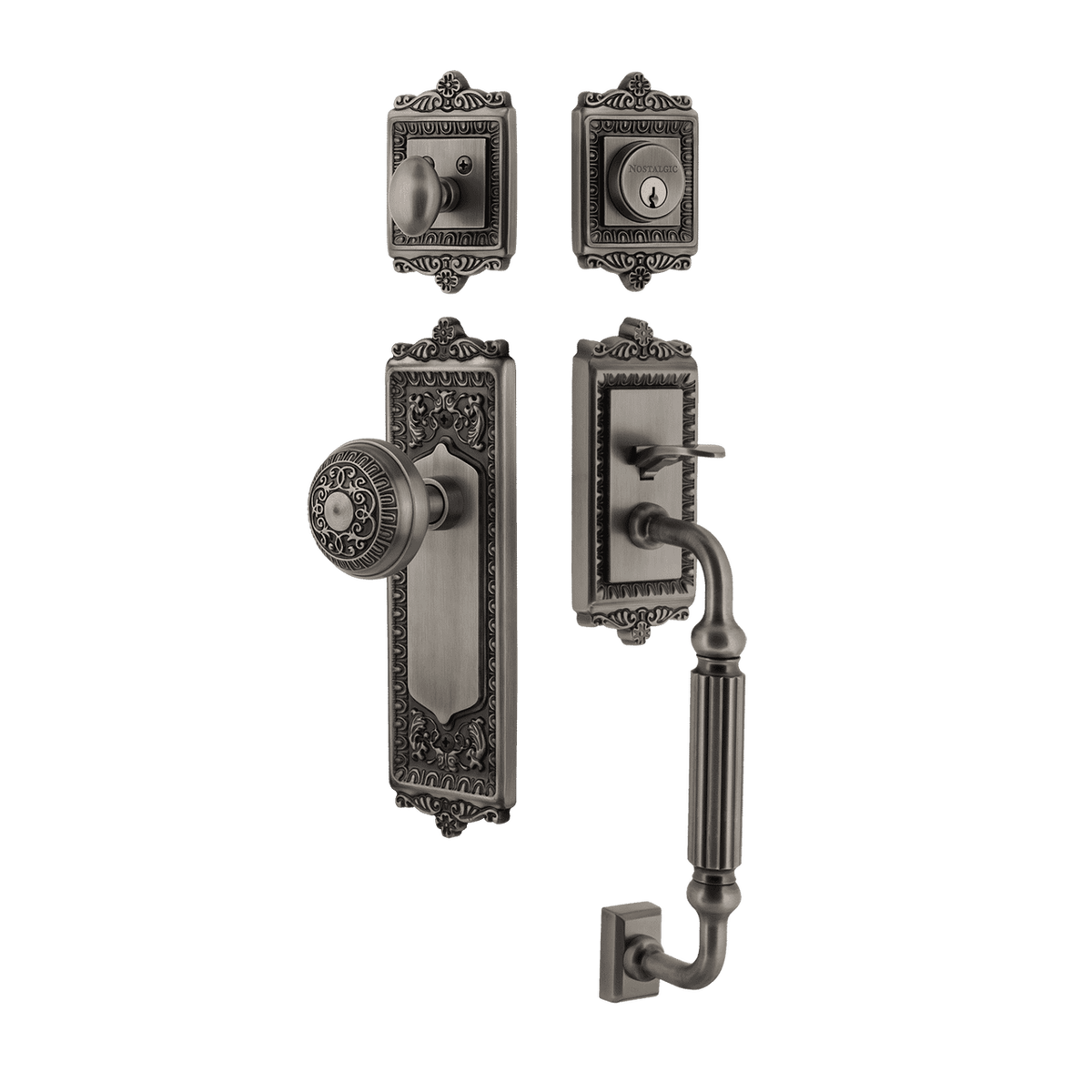 Nostalgic 727659: Entry Lockset w/Egg & Dart Backplate, F-Grip Exterior Handle and Egg & Dart Knob - Antique Pewter