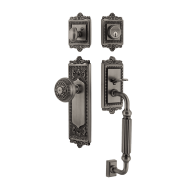 Nostalgic 727659: Entry Lockset w/Egg & Dart Backplate, F-Grip Exterior Handle and Egg & Dart Knob - Antique Pewter