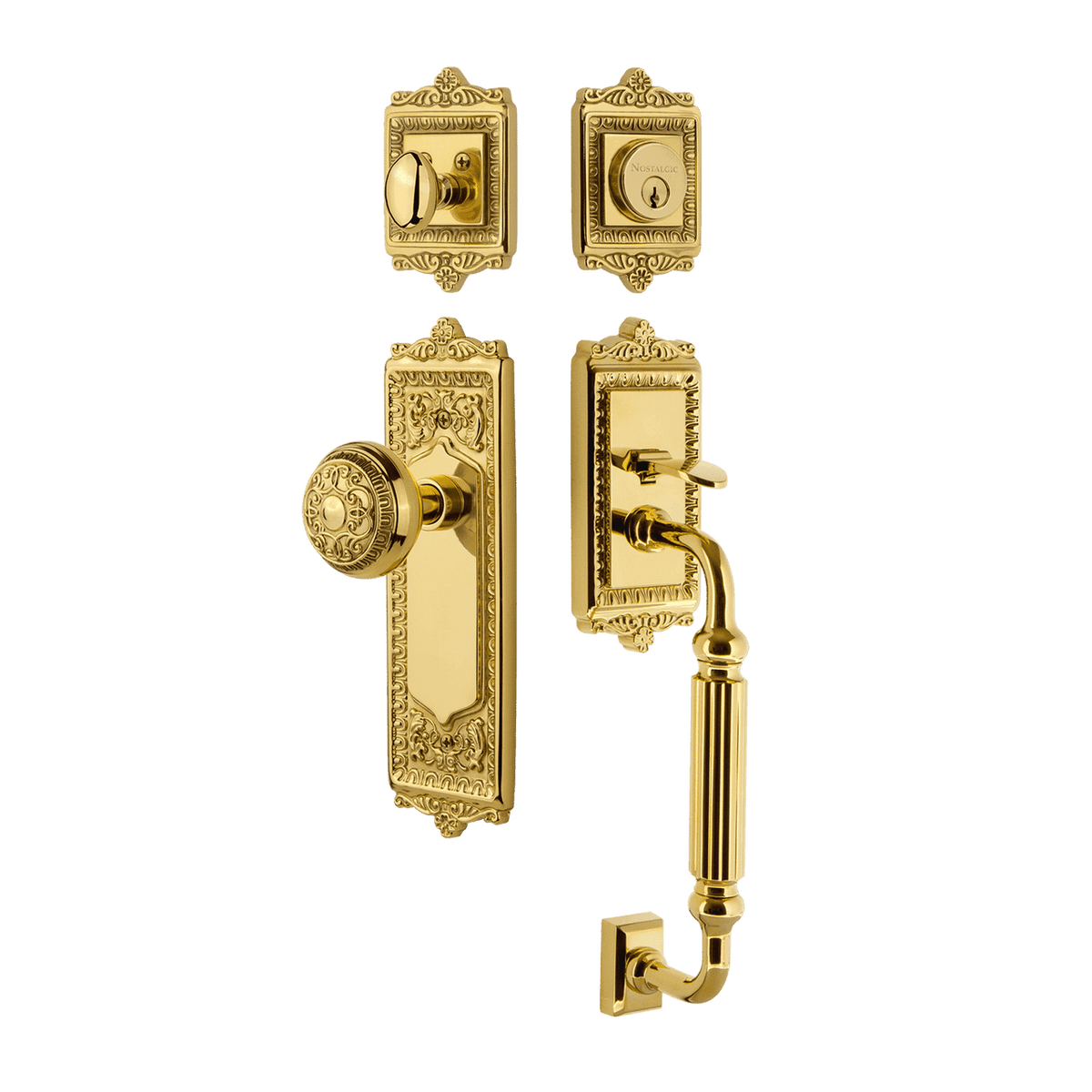 Nostalgic 727922: Entry Lockset w/Egg & Dart Backplate, F-Grip Exterior Handle and Egg & Dart Knob - Polished Brass