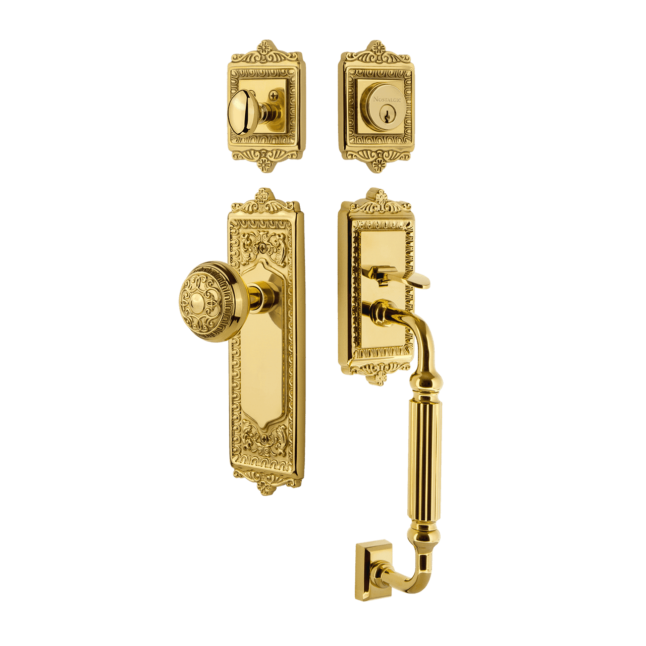 Nostalgic 727922: Entry Lockset w/Egg & Dart Backplate, F-Grip Exterior Handle and Egg & Dart Knob - Polished Brass