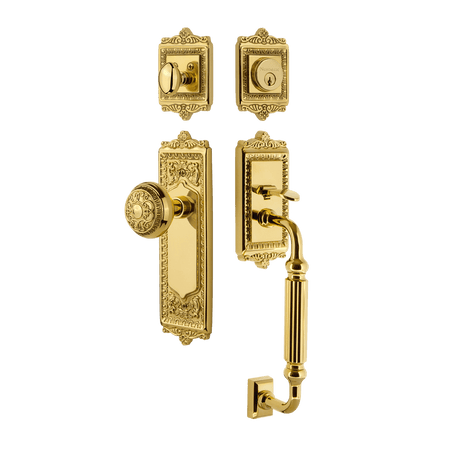 Nostalgic 727922: Entry Lockset w/Egg & Dart Backplate, F-Grip Exterior Handle and Egg & Dart Knob - Polished Brass