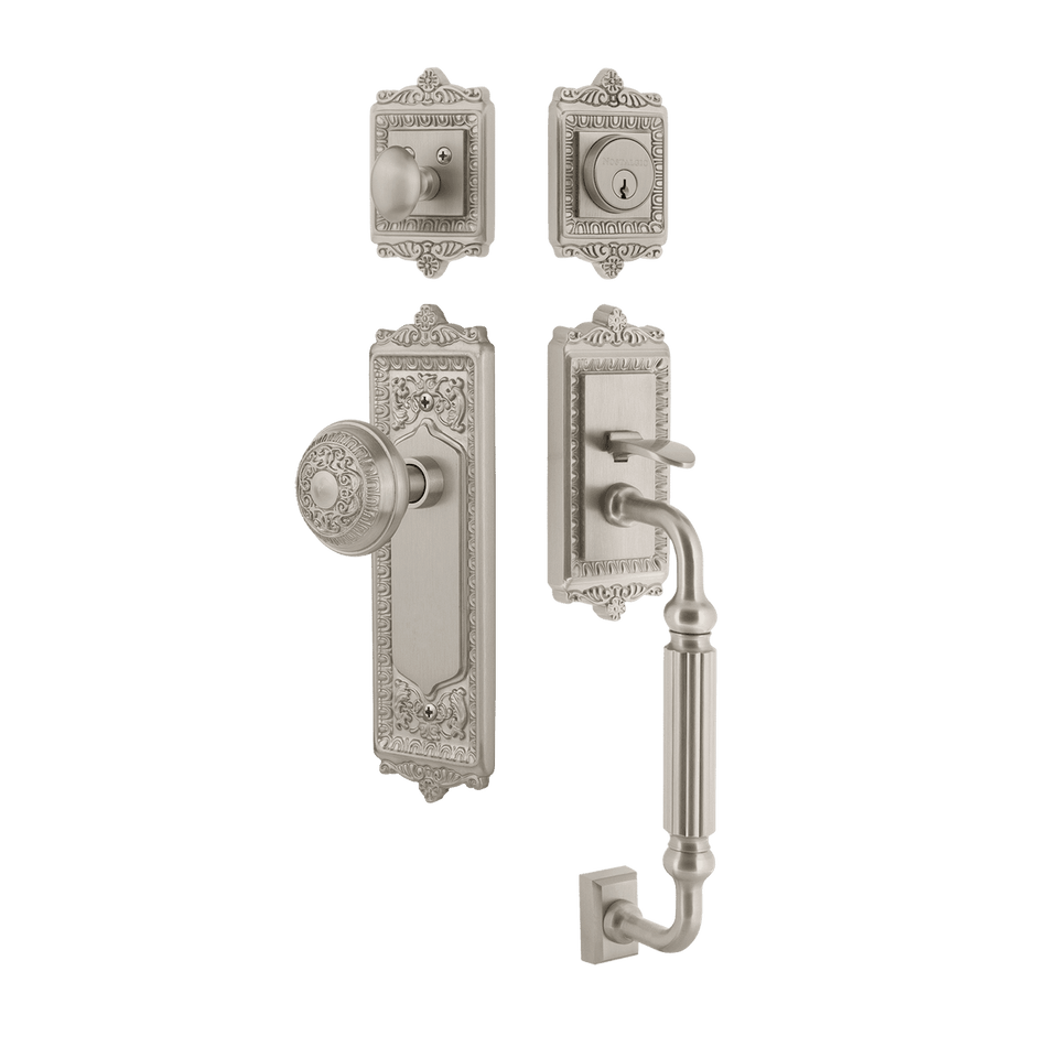 Nostalgic 719560: Entry Lockset w/Egg & Dart Backplate, F-Grip Exterior Handle and Egg & Dart Knob - Satin Nickel