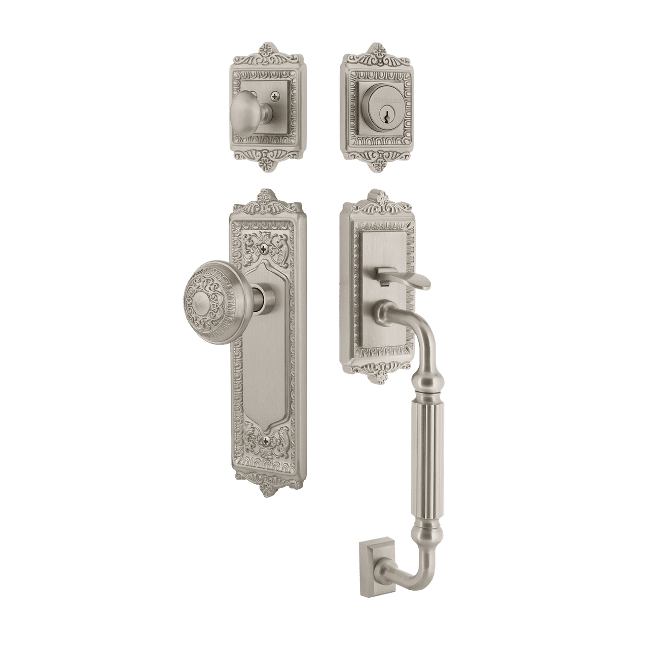 Nostalgic 727794: Entry Lockset w/Egg & Dart Backplate, F-Grip Exterior Handle and Egg & Dart Knob - Satin Nickel
