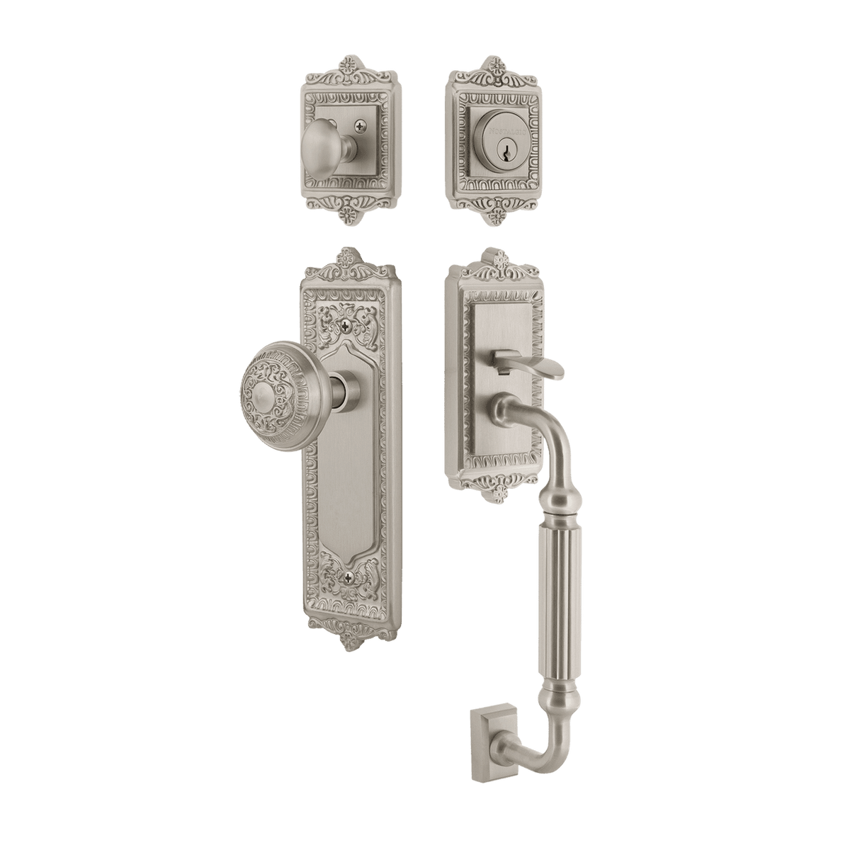 Nostalgic 719548: Entry Lockset w/Egg & Dart Backplate, F-Grip Exterior Handle and Egg & Dart Knob - Satin Nickel
