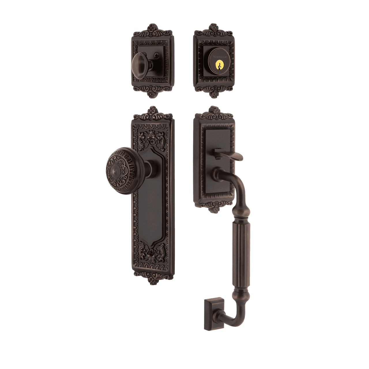 Nostalgic 727722: Entry Lockset w/Egg & Dart Backplate, F-Grip Exterior Handle and Egg & Dart Knob - Timeless Bronze