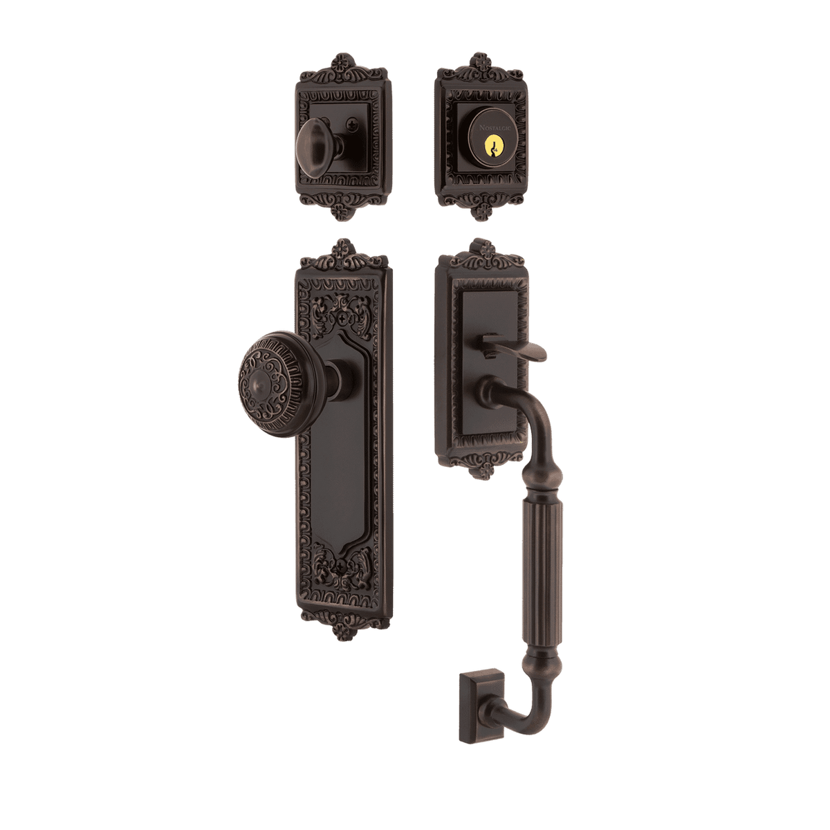 Nostalgic 719372: Entry Lockset w/Egg & Dart Backplate, F-Grip Exterior Handle and Egg & Dart Knob - Timeless Bronze