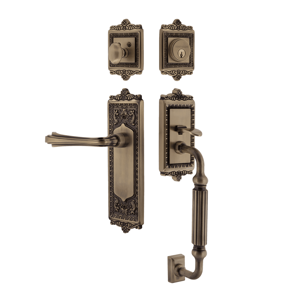 Nostalgic 770212: Entry Lockset w/Egg & Dart Backplate, F-Grip Exterior Handle and Fleur Interior Lever - Antique Brass