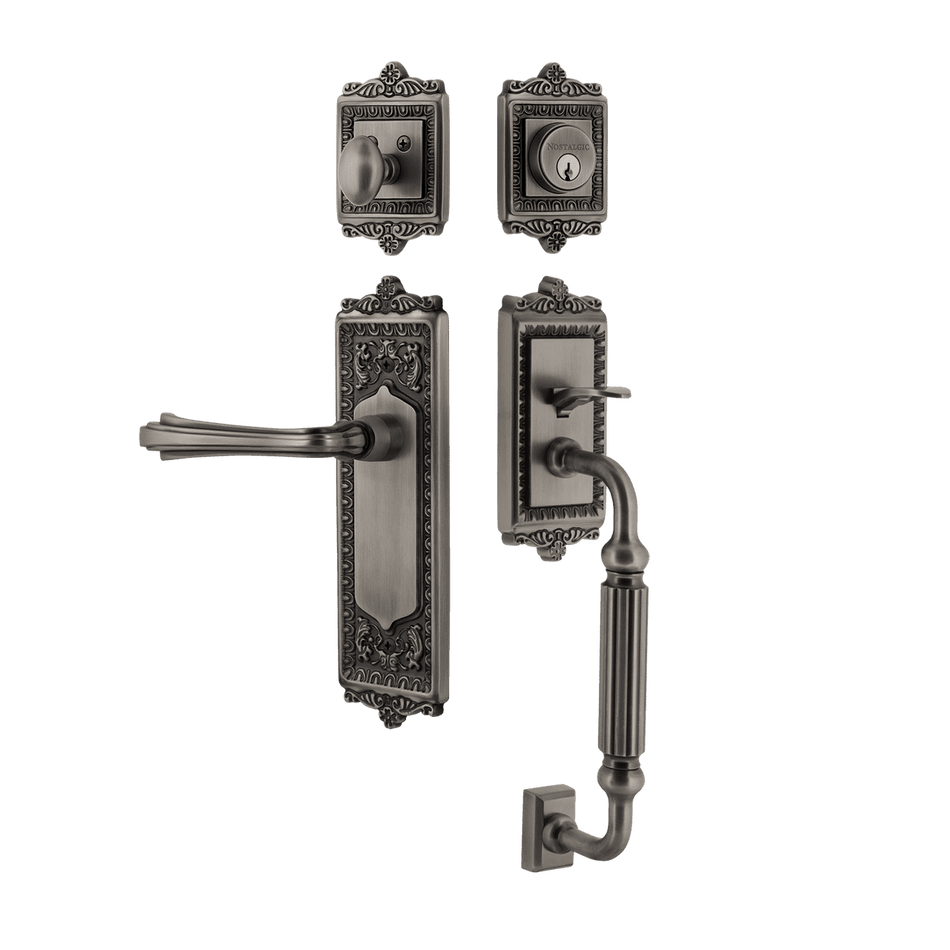 Nostalgic 768827: Entry Lockset w/Egg & Dart Backplate, F-Grip Exterior Handle and Fleur Interior Lever - Antique Pewter