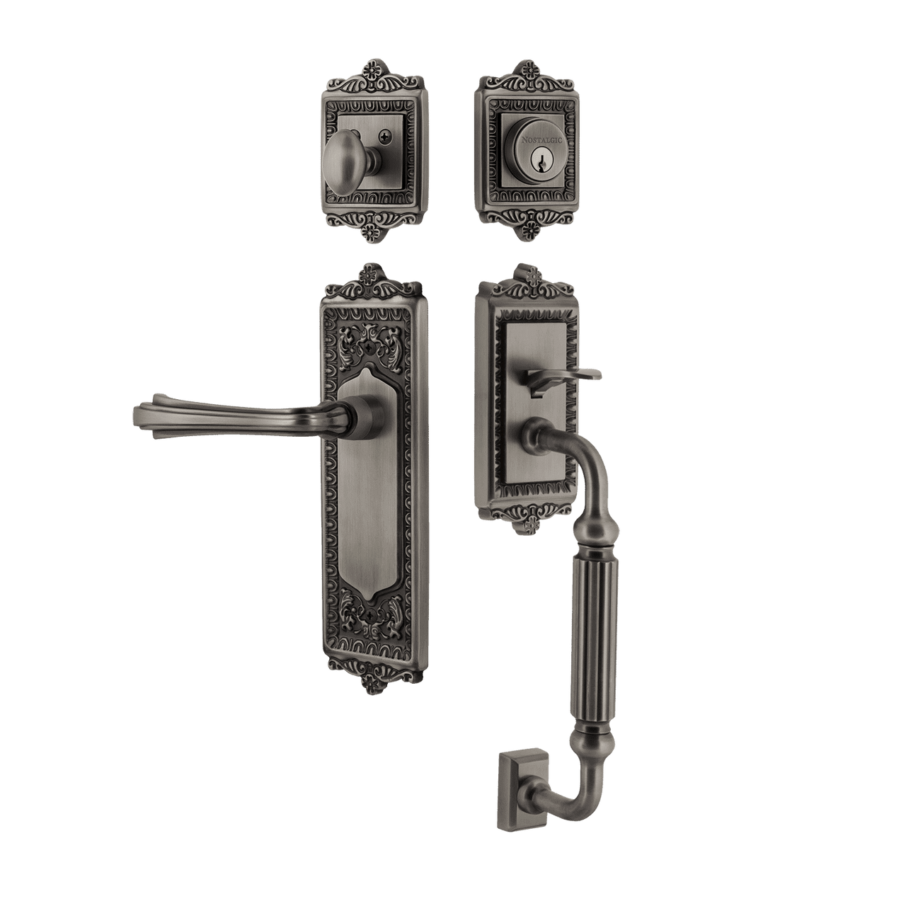 Nostalgic 768828: Entry Lockset w/Egg & Dart Backplate, F-Grip Exterior Handle and Fleur Interior Lever - Antique Pewter