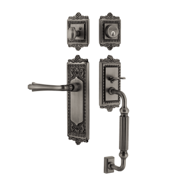Nostalgic 770193: Entry Lockset w/Egg & Dart Backplate, F-Grip Exterior Handle and Fleur Interior Lever - Antique Pewter