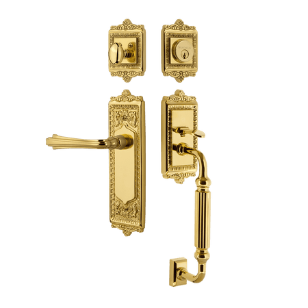 Nostalgic 768834: Entry Lockset w/Egg & Dart Backplate, F-Grip Exterior Handle and Fleur Interior Lever - Polished Brass