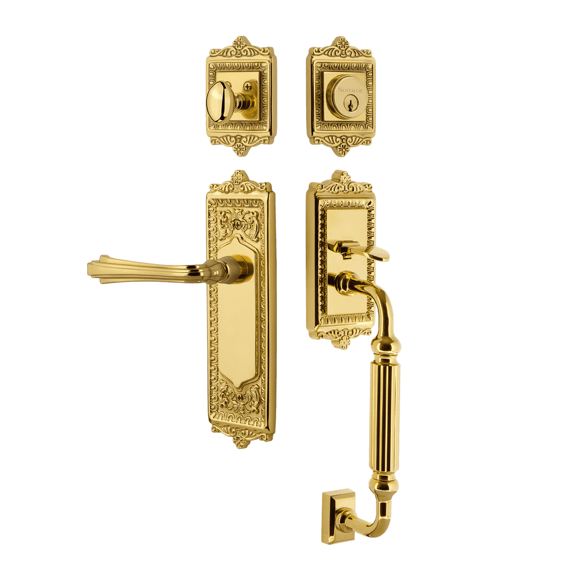 Nostalgic 770160: Entry Lockset w/Egg & Dart Backplate, F-Grip Exterior Handle and Fleur Interior Lever - Polished Brass