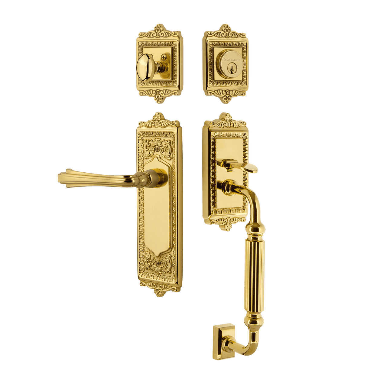 Nostalgic 770211: Entry Lockset w/Egg & Dart Backplate, F-Grip Exterior Handle and Fleur Interior Lever - Polished Brass