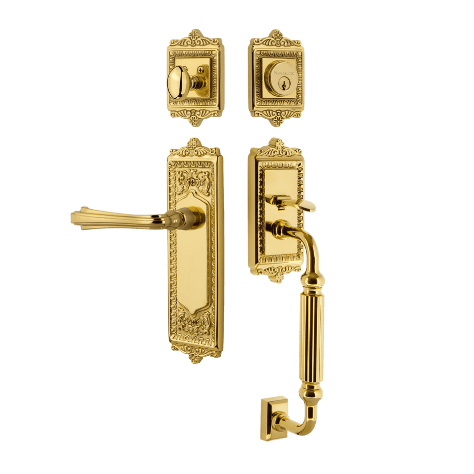 Nostalgic 770211: Entry Lockset w/Egg & Dart Backplate, F-Grip Exterior Handle and Fleur Interior Lever - Polished Brass