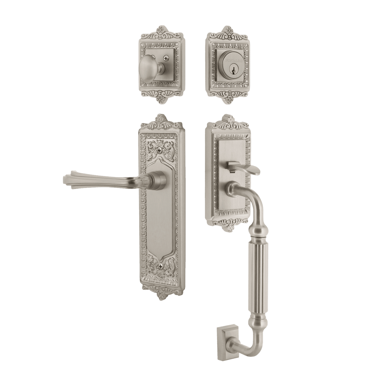 Nostalgic 770159: Entry Lockset w/Egg & Dart Backplate, F-Grip Exterior Handle and Fleur Interior Lever - Satin Nickel