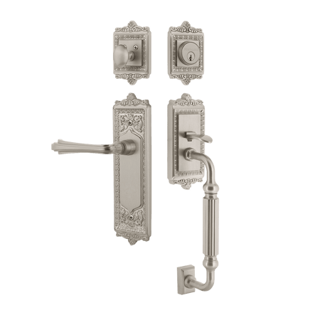 Nostalgic 770210: Entry Lockset w/Egg & Dart Backplate, F-Grip Exterior Handle and Fleur Interior Lever - Satin Nickel
