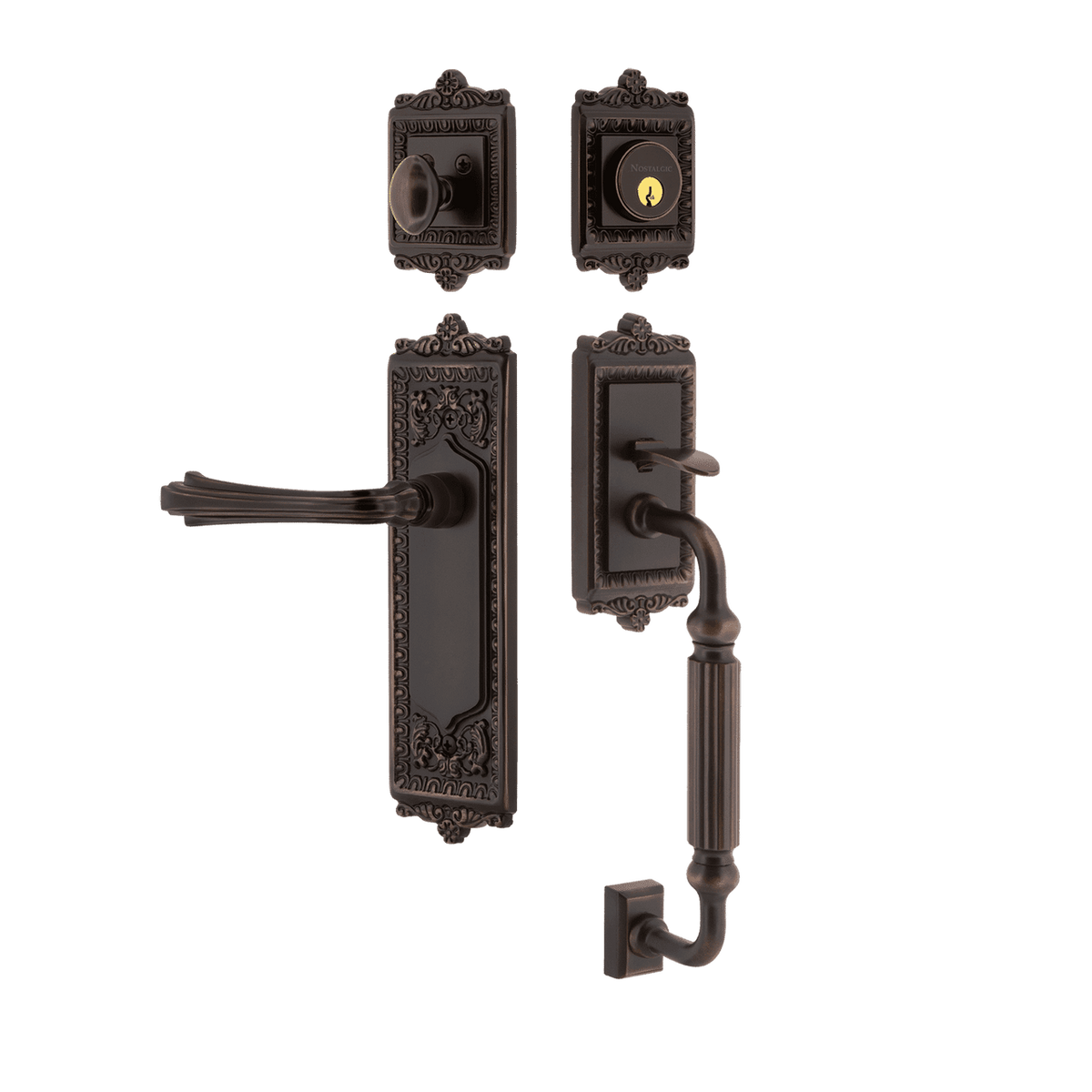 Nostalgic 770161: Entry Lockset w/Egg & Dart Backplate, F-Grip Exterior Handle and Fleur Interior Lever - Timeless Bronze