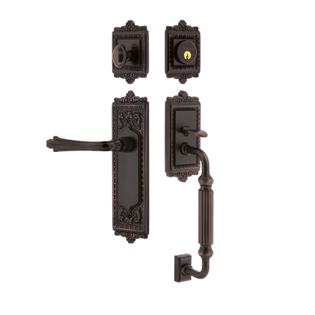 Nostalgic 768837: Entry Lockset w/Egg & Dart Backplate, F-Grip Exterior Handle and Fleur Interior Lever - Timeless Bronze